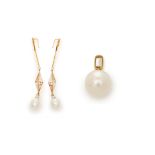 A PAIR OF CULTURED PEARL AND DIAMOND EARRINGS AND A PENDANT