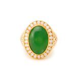 A DIAMOND AND CABOCHON JADE RING