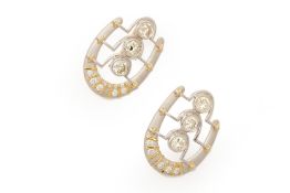 A PAIR OF TWO COLOUR GOLD DIAMOND U-SHAPED EARRINGS