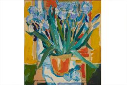 ALUSH SHIMA (ALBANIAN, B.1942) - IRISES IN ORANGE VASE