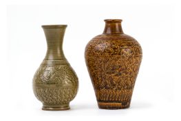 TWO POTTERY VASES WITH INCISED DECORATION