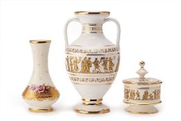 THREE GREEK WHITE AND GILT DECORATED PORCELAIN ITEMS