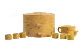 A NOVELTY CERAMIC FAUX BAMBOO STEAMER TEA SERVICE