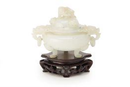 A CHINESE CARVED WHITE JADE CENSER AND COVER