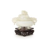 A CHINESE CARVED WHITE JADE CENSER AND COVER