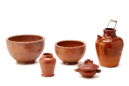 FOUR LAMBOK EARTHENWARES AND A VINEGAR JAR