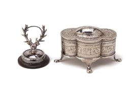 A SILVER TRINKET BOX AND A SILVER MENU CARD HOLDER