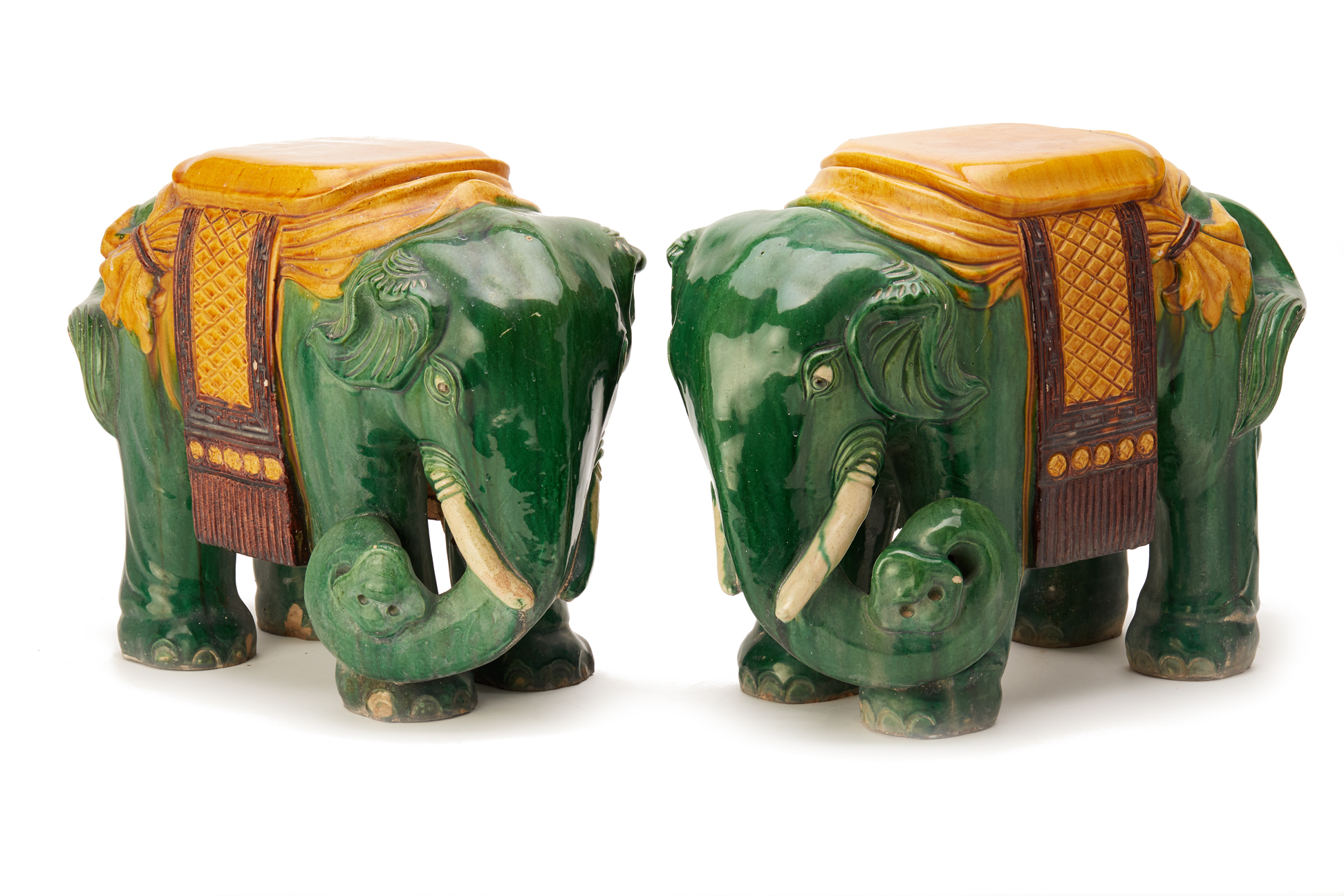 A PAIR OF CERAMIC ELEPHANT STOOLS