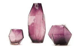 THREE GEOMETRIC PURPLE GLASS VASES