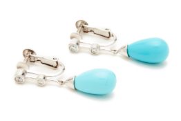 A PAIR OF TURQUOISE AND DIAMOND DROP EARRINGS