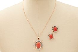 A CORAL CABOCHON AND DIAMOND PENDANT AND EARRING SET