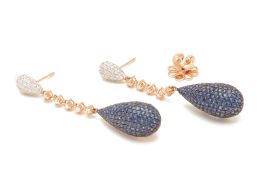 A PAIR OF DIAMOND AND BLUE SAPPHIRE DROP EARRINGS