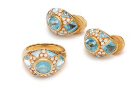 A BLUE TOPAZ AND DIAMOND RING AND EARRINGS SET