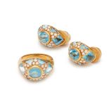 A BLUE TOPAZ AND DIAMOND RING AND EARRINGS SET