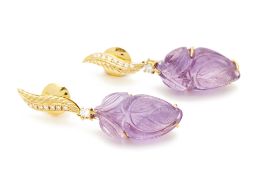 A PAIR OF CARVED AMETHYST AND DIAMOND EARRINGS