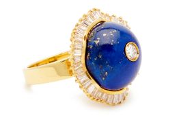 A LARGE LAPIZ LAZULI AND DIAMOND RING