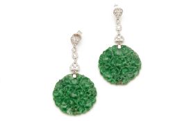 A PAIR OF CARVED JADE, WHITE GOLD AND DIAMOND EARRINGS