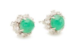 A PAIR OF CABOCHON EMERALD AND DIAMOND EARRINGS