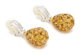 A PAIR OF CITRINE, QUARTZ AND DIAMOND EARRINGS