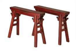 A PAIR OF RED LACQUERED CHINESE BENCHES