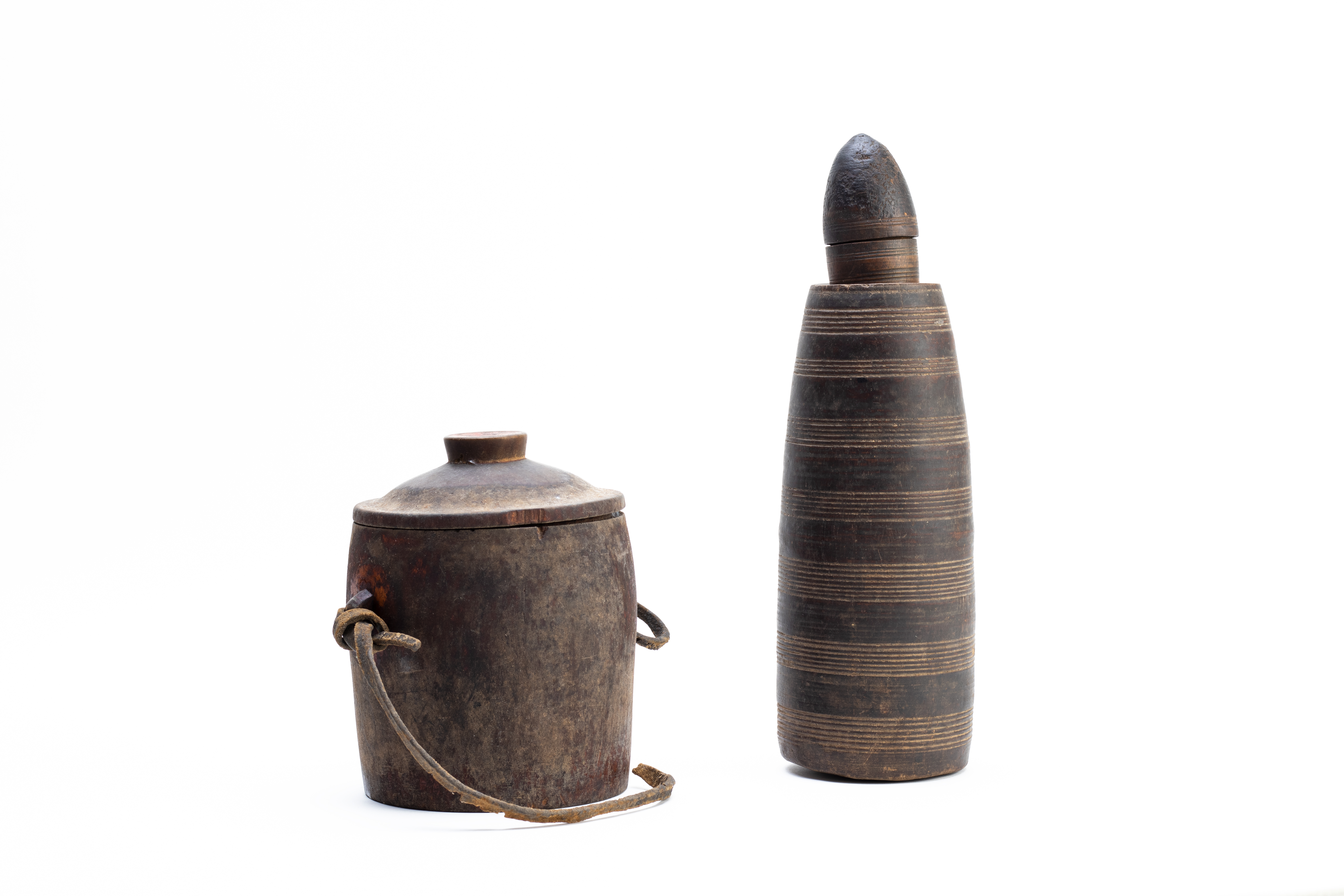 A RATTAN BACKPACK AND TWO OLD CANNISTERS - Image 3 of 3