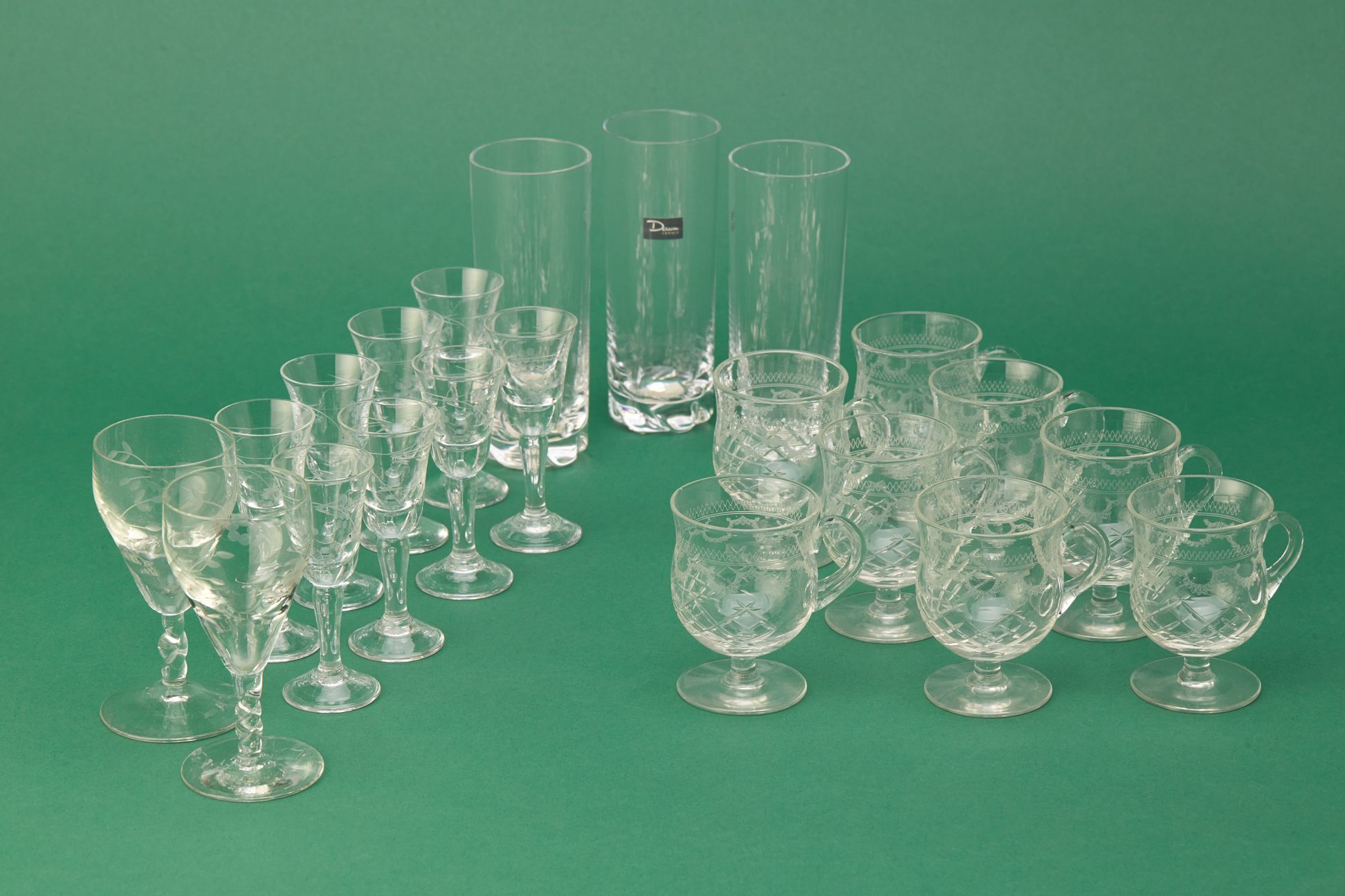 THREE DAUM HIGHBALL GLASSES AND A QUANTITY OF ANTIQUE GLASS