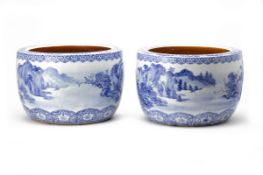 A PAIR OF BLUE AND WHITE PORCELAIN HIBACHI