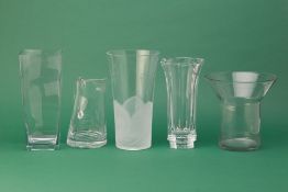 FOUR GLASS VASES AND A GLASS JUG