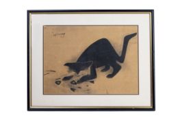 A CHINESE PAINTING OF A BLACK CAT PLAYING WITH FISHBONES