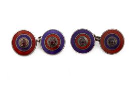 A PAIR OF SILVER, ENAMEL AND PASTE SET CUFFLINKS