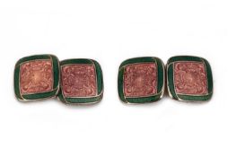 A PAIR OF GREEN AND ORANGE GUILLOCHE ENAMEL CUFFLINKS