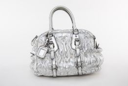 A PRADA 'NAPPA GAUFRE' METALLIC SILVER SHOPPING TOTE