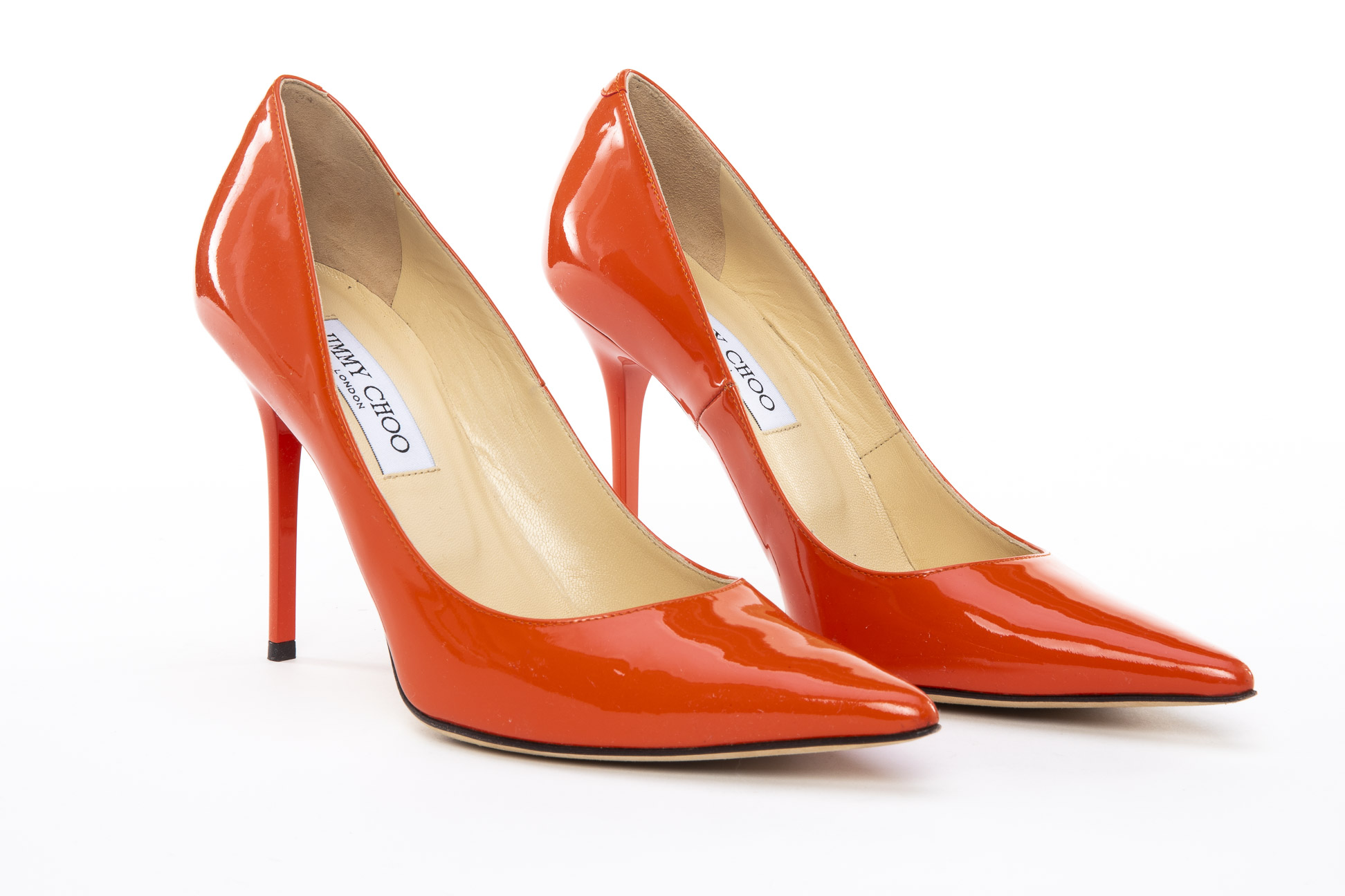 A PAIR OF JIMMY CHOO 'LOVE 100' CORAL HEELS EU 38