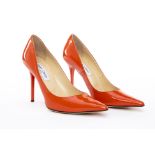 A PAIR OF JIMMY CHOO 'LOVE 100' CORAL HEELS EU 38