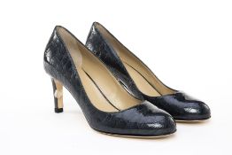 A PAIR OF HOBBS 'SOPHIA' STEEL BLUE PATENT HEELS EU 38