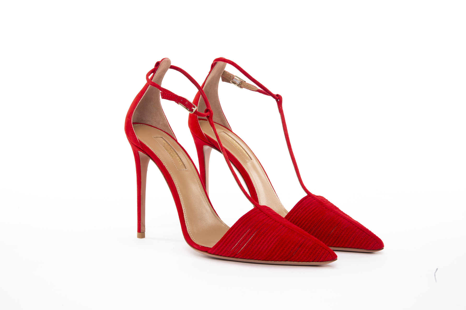 A PAIR OF AQUAZZURA 'RITZ' RED SUEDE HEELS EU 38.5