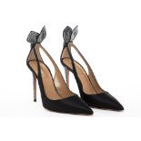 A PAIR OF AQUAZZURA 'DENEUVE' BLACK SATIN HEELS EU 38.5