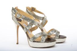 A PAIR OF JIMMY CHOO 'GLITTER FAB' PLATFORM HEELS EU 39