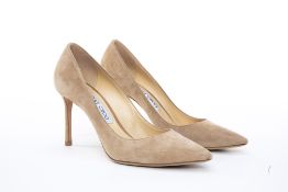 A PAIR OF JIMMY CHOO BEIGE SUEDE POINTED-TOE HEELS EU 38.5