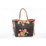 A LOUIS VUITTON 'NEVERFULL' ROSE PAINTED MONOGRAM TOTE BAG