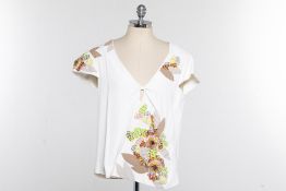 A CHLOE BEIGE FLORAL EMBELLISHED SILK BLOUSE