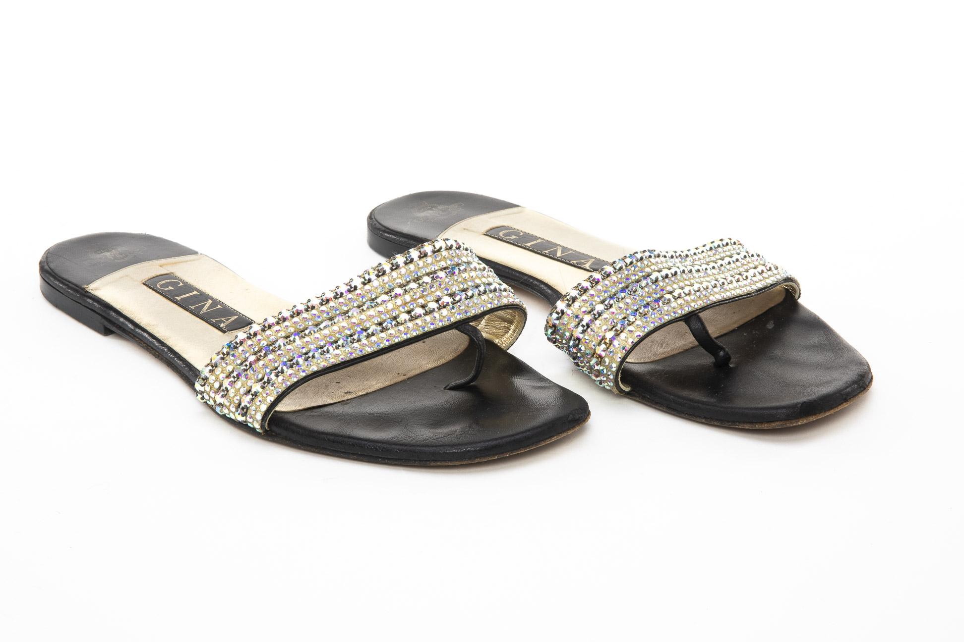 A PAIR OF GINA CRYSTAL DIAMANTE EMBELLISHED SANDALS US 5.5