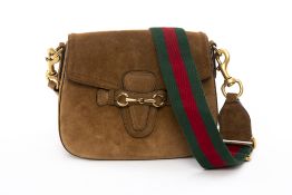 A GUCCI 'LADY WEB' BROWN SUEDE SHOULDER BAG