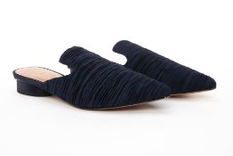 A PAIR OF MAX & CO `ACQUA' NAVY SATIN SLIP ONS EU 38