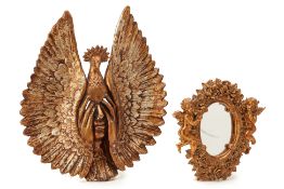 A DECORATIVE VENETIAN GILT MASK & A GILT RESIN WALL MIRROR