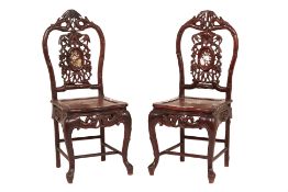 A PAIR OF MOTHER OF PEARL INLAID HARDWOOD SIDE CHAIRS