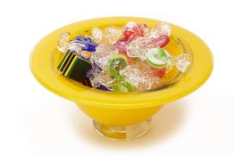 A MURANO GLASS BOWL AND COLOURED GLASS SWEETS