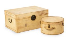 AN ORIENTAL CREAM TRUNK & A VINTAGE TRAVELLING HAT CASE