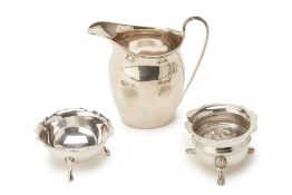 AN ENGLISH SILVER MILK JUG AND TWO SALTS