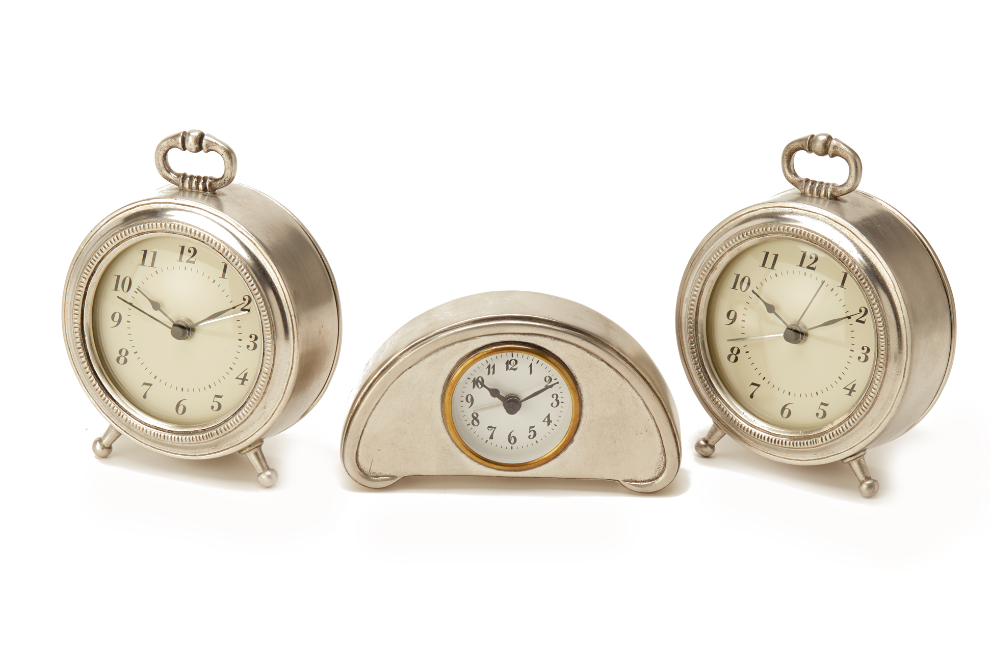 THREE ITALIAN PEWTER BEDSIDE CLOCKS